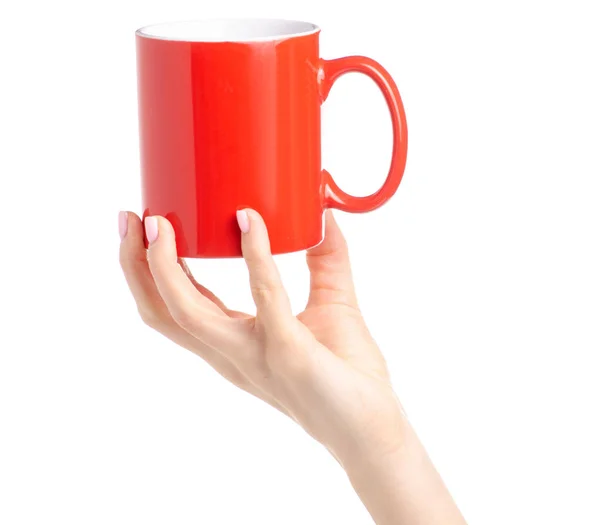 Taza de taza roja en mano femenina —  Fotos de Stock