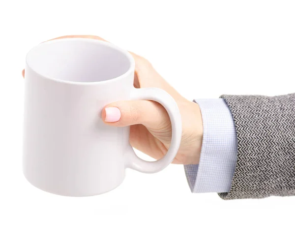 White cup mug in female hand — Stock Photo, Image