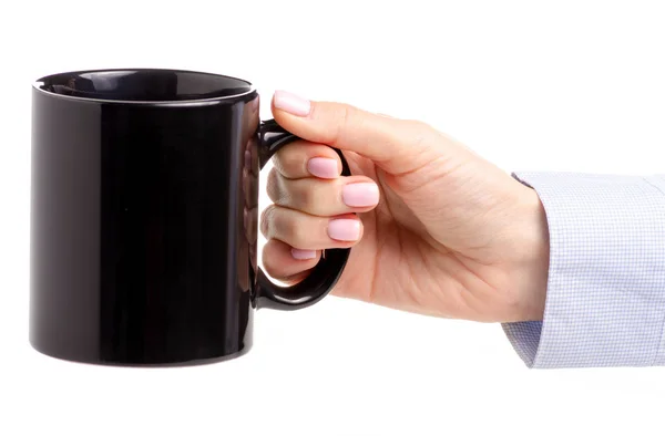 Tasse à tasse noire à la main féminine — Photo