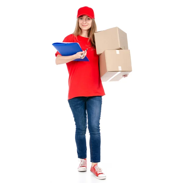 Dostawy Kobieta w czerwonym mundurze przytrzymanie pudełko pakiet — Zdjęcie stockowe