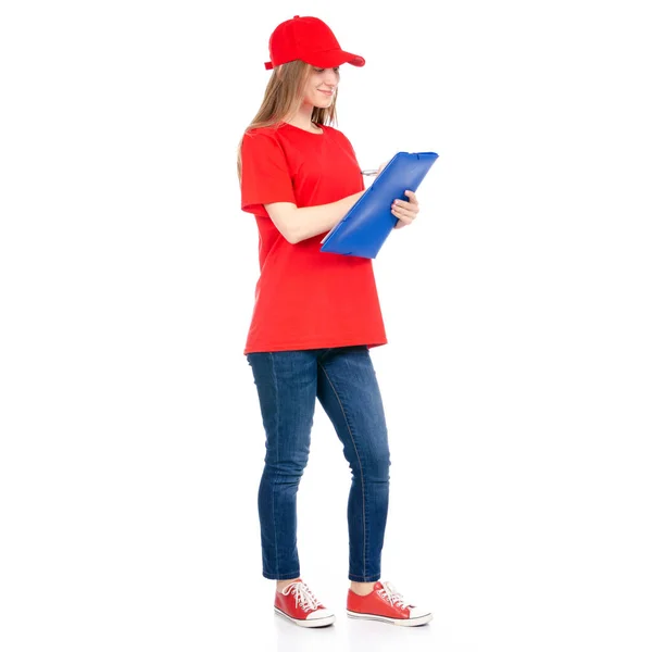 Mulher de entrega em uniforme vermelho — Fotografia de Stock
