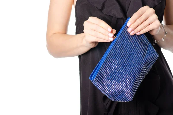 Woman holding blue cosmetic bag — Stock Photo, Image