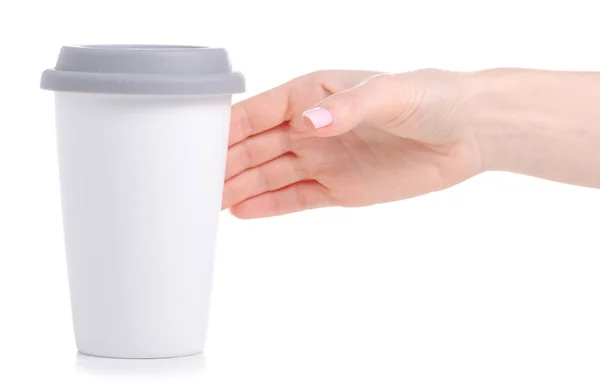 Weißer Becher mit grauem Deckel in der Hand — Stockfoto