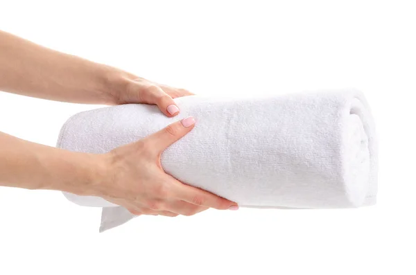 White towel roll in hand — Stock Photo, Image