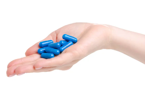 Piller kapslar blå i hand medicin hälsa — Stockfoto