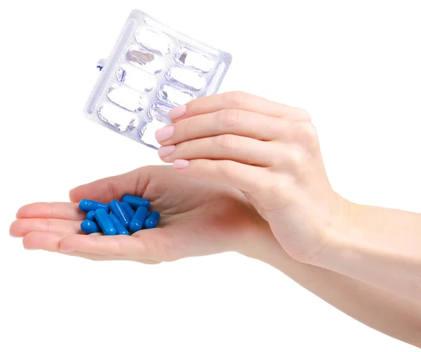 Μπλε χάπια κάψουλες σε blister στο χέρι ιατρικής — Φωτογραφία Αρχείου