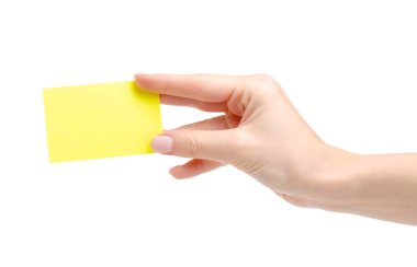 Yellow notes paper in hand on white background isolation