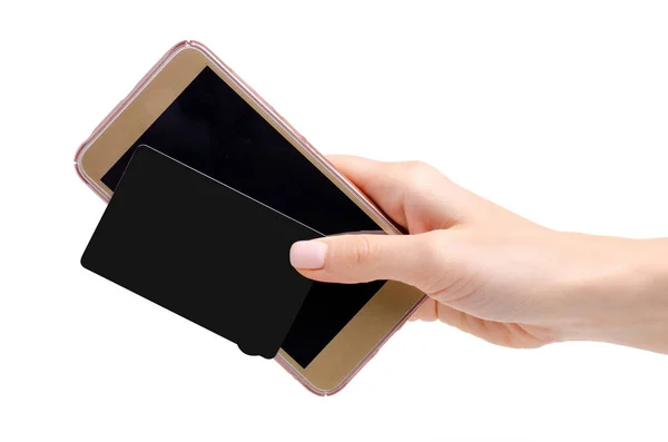 Black card and smartphone in hand — Stock Photo, Image