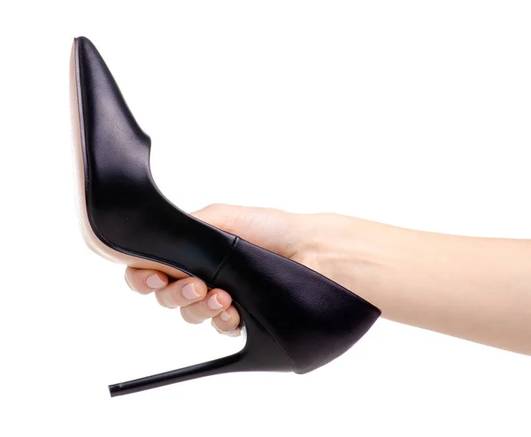 女黑色皮革高跟鞋鞋在手 — 图库照片