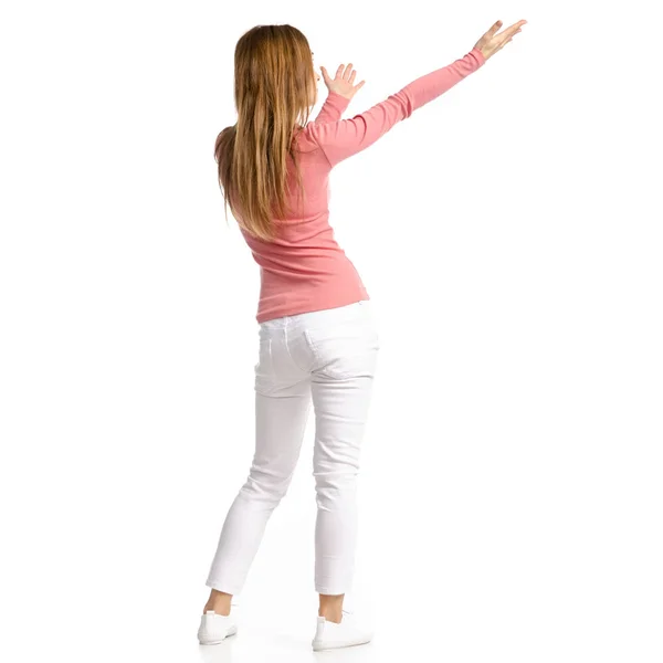 Mulher Jeans Branco Camisa Mostrando Isolamento Fundo Branco Visão Traseira — Fotografia de Stock