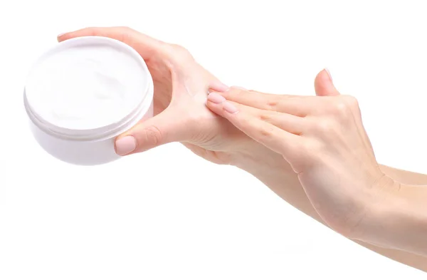 Mâini de sex feminin alb borcan crema îngrijire frumusețe — Fotografie, imagine de stoc