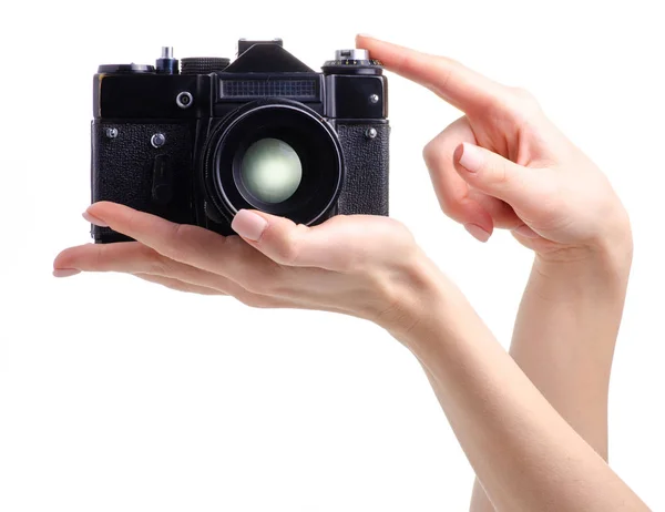 Photo camera old in hands — Stock Photo, Image