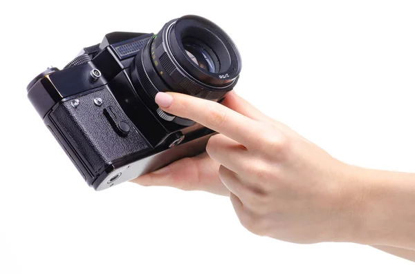 Fotocamera oud in handen — Stockfoto