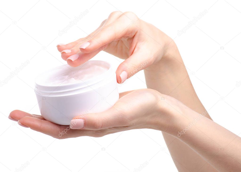 Female hands white jar cream care beauty