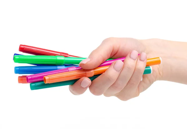 Color markers in hand — 图库照片