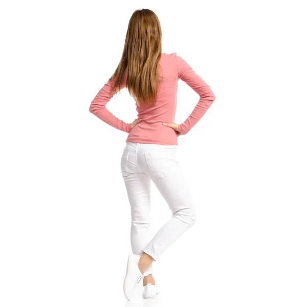 Woman White Jeans Shirt White Background Isolation Back View — Stock Photo, Image