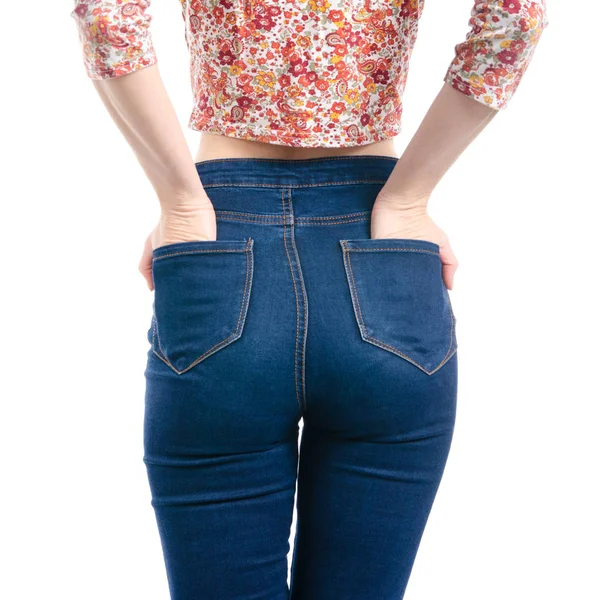 Mulher Jeans Azul Camisa Mão Bolso Macro Isolamento Fundo Branco — Fotografia de Stock