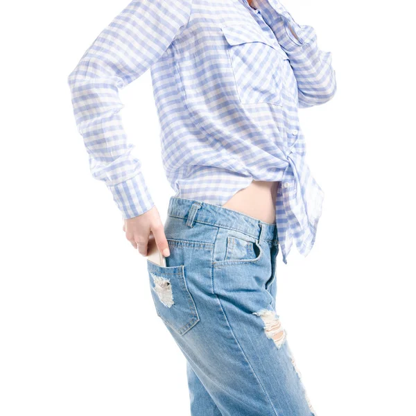 Woman Jeans Blue Shirt Put Smartphone Pocket Macro White Background — Stock Photo, Image