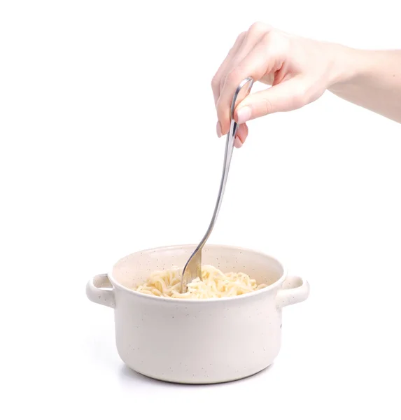 Noodles in a plate fork in hand — Stock Photo, Image