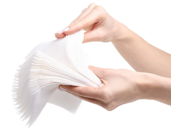 Stack white napkins in hand — Stock Photo, Image
