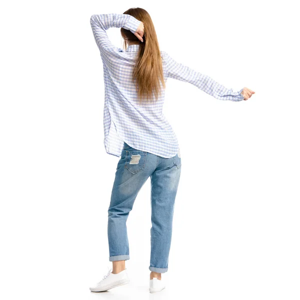 Frau in blauen Jeans und Hemd tanzt — Stockfoto