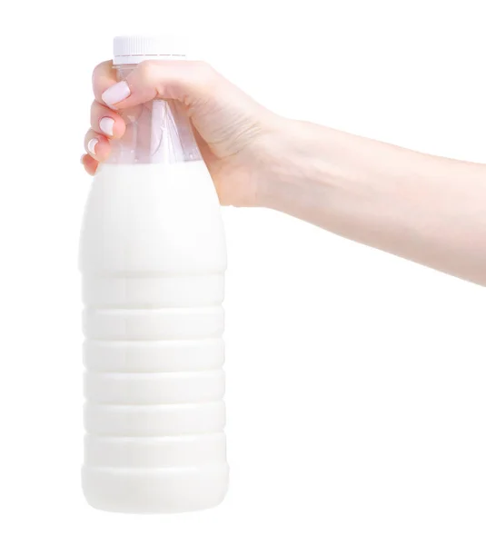 Leche de botella de plástico en mano —  Fotos de Stock