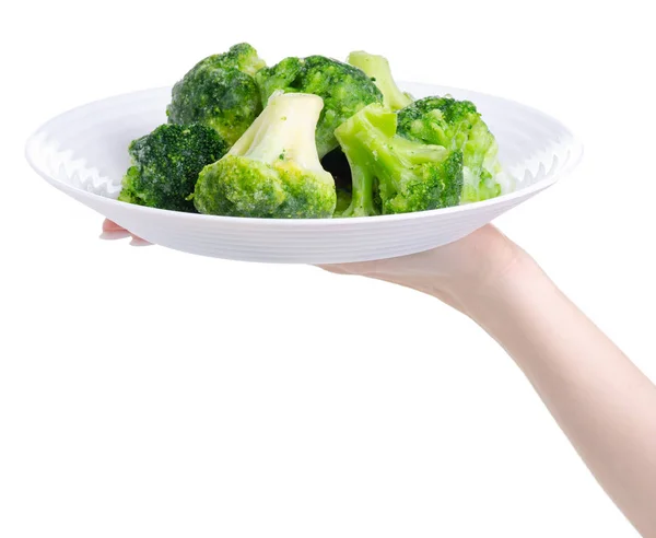 Frozen broccoli in plate in hand — Stock Photo, Image