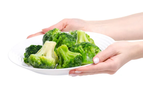 Frozen broccoli in plate in hand — Stock Photo, Image