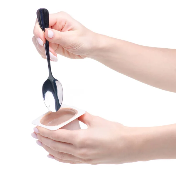 Schokoladentrüffeljoghurt in der Hand — Stockfoto