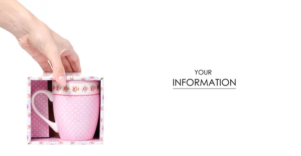 Cup mug vintage pink flower print box in hand pattern — Stock Photo, Image