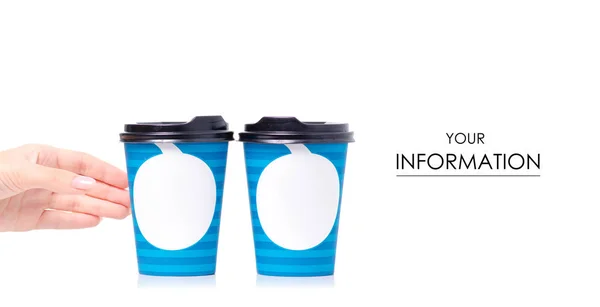 Azul duas xícaras com tampas de café no padrão da mão — Fotografia de Stock