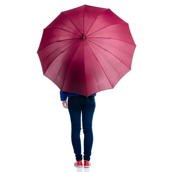 Kvinna Grön Jacka Med Paraply Handen Stående Vit Bakgrund Isolering — Stockfoto