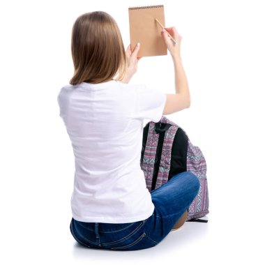 Kadın oturma çizim kalem sırt çantası