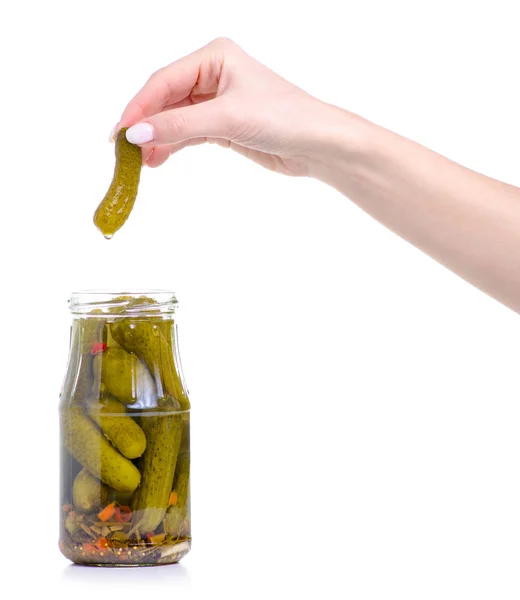 Jar van komkommers in de hand — Stockfoto