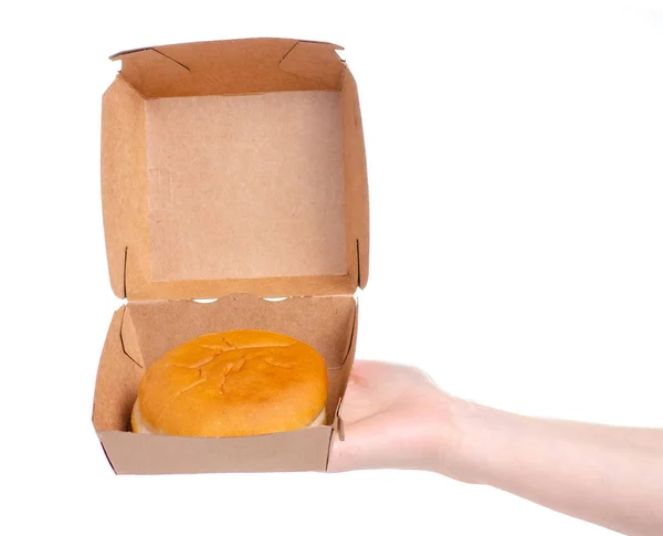 Hamburger zsemle burger doboz a kezében — Stock Fotó