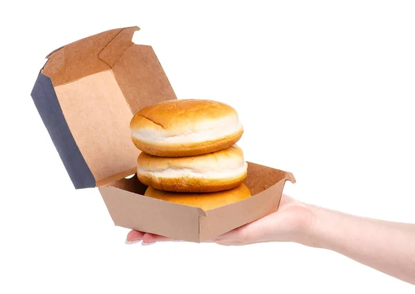 Ψωμάκια burger μπιφτέκι κουτί στο χέρι — Φωτογραφία Αρχείου