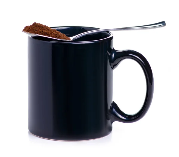 Μαύρο Κύπελλο κούπα με κουτάλι καφέ — Φωτογραφία Αρχείου