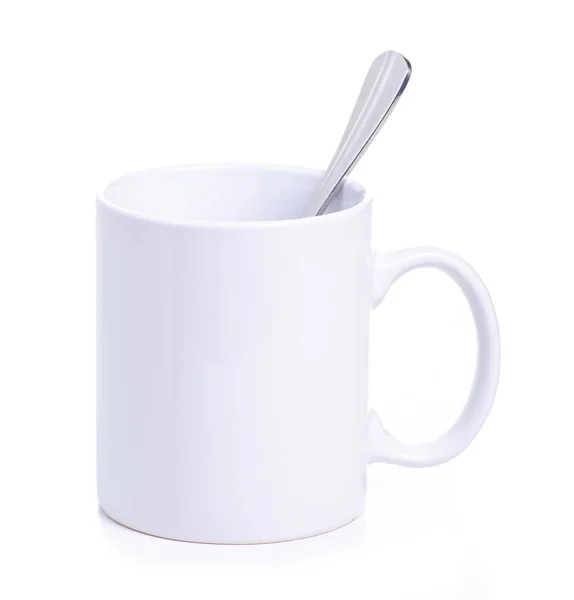 Caneca copo branco com colher de chá — Fotografia de Stock