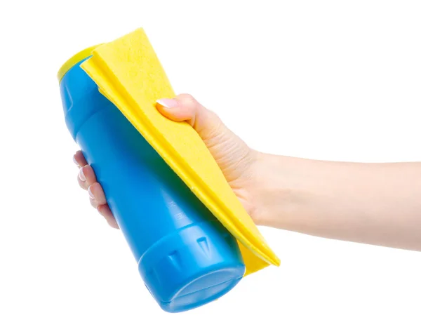 Blaues Flaschenwaschpulver und sauberer Lappen in der Hand — Stockfoto