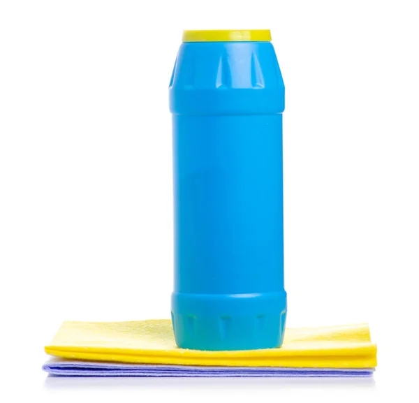 Polvo de detergente de botella azul y trapo limpio —  Fotos de Stock