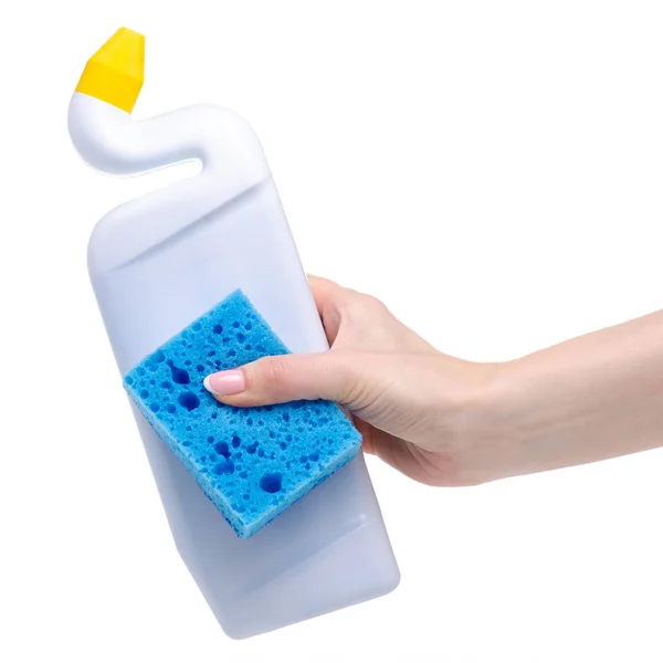 Weiße Flasche Toilettenreiniger mit Reinigungsschwamm in der Hand — Stockfoto