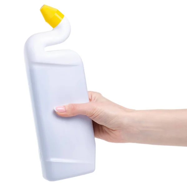 Limpador de banheiro garrafa branca na mão — Fotografia de Stock