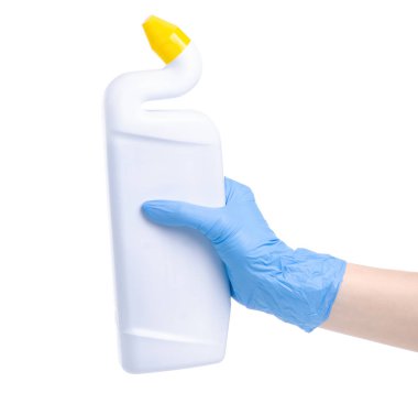 Beyaz şişe tuvalet temizleme eldiveni.