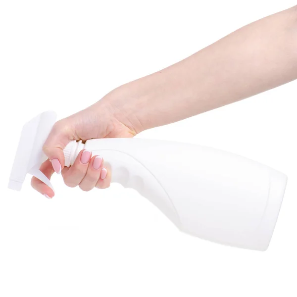 Fehér tisztító spray a kezében — Stock Fotó