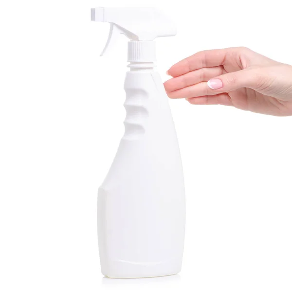 Spray de limpieza blanco en la mano — Foto de Stock