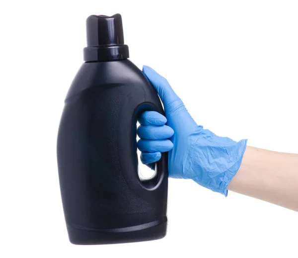 Гель для білизни чорної пляшки в рукавичці для чищення — стокове фото