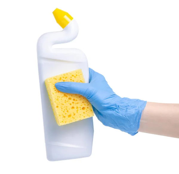 Άσπρο μπουκάλι τουαλέτα καθαρότερα με τον καθαρισμό σφουγγάρι καθαρισμού γάντι το χέρι — Φωτογραφία Αρχείου