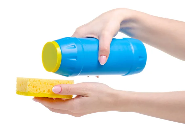 Polvo de detergente de botella azul y esponja limpia en la mano — Foto de Stock