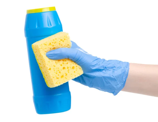 Синя пляшка порошку миючого засобу і чиста губка в рукавичці для чищення — стокове фото