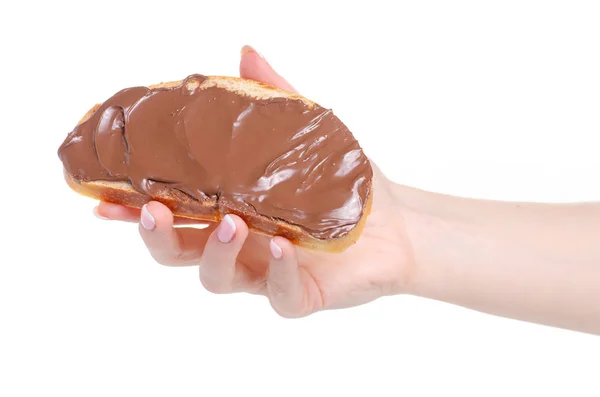 Brood met chocopasta plakken in de hand — Stockfoto